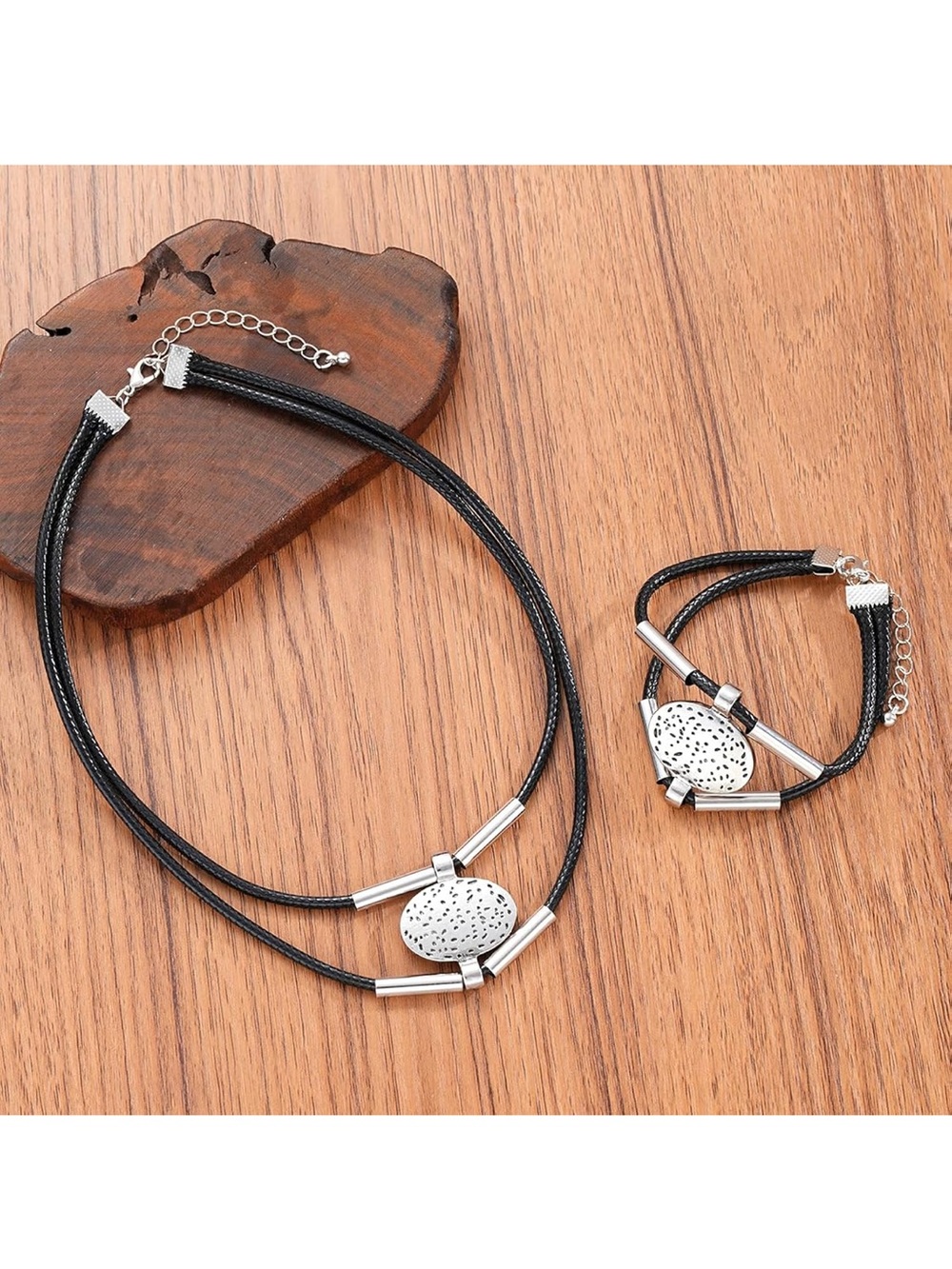 Anthropologie Black Cord Double-Layer Necklace with Silver Discs - Picture 7 of 7
